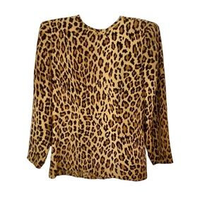 Vintage 80s Carlisle 100% Silk Leopard Animal Print Long Sleeve Blouse Size 6